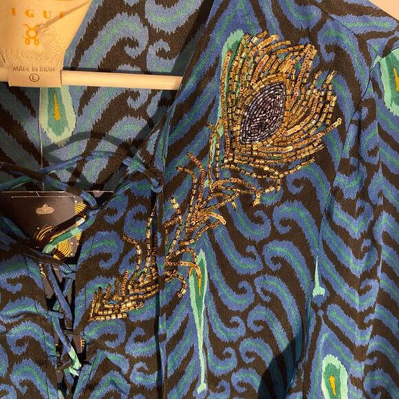 NWT Disney x Figue Women's size Large Ameena Aladdin Beaded Blue Silk Top - Picture 6 of 12